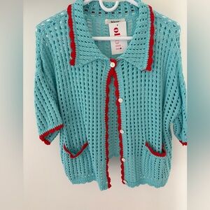 Chic Blue and Red Open-Knit Cardigan